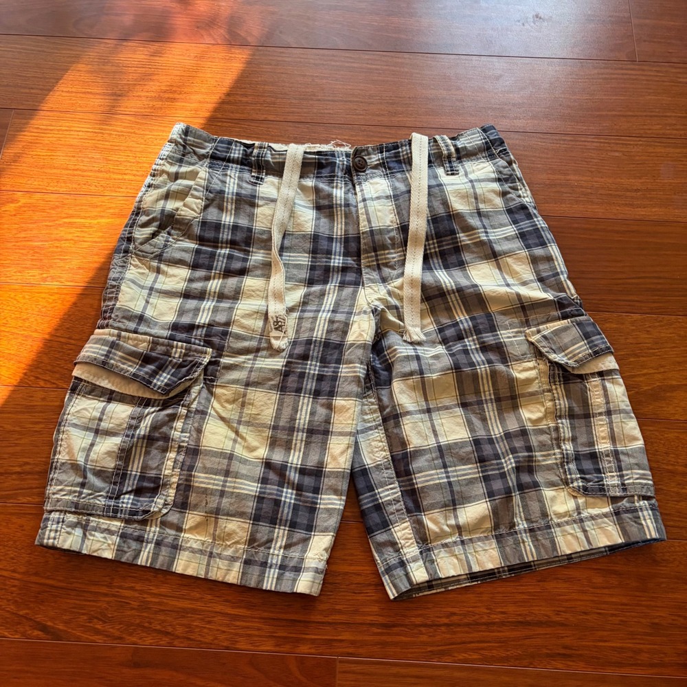 Aeropostale Vintage Y2K Plaid Cargo Shorts Blue White Cotton Streetwear Size 32